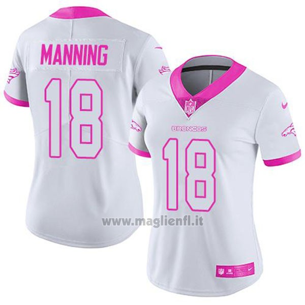 Maglia NFL Limited Donna Denver Broncos 18 Peyton Manning Bianco Rosa Stitched Rush Fashion